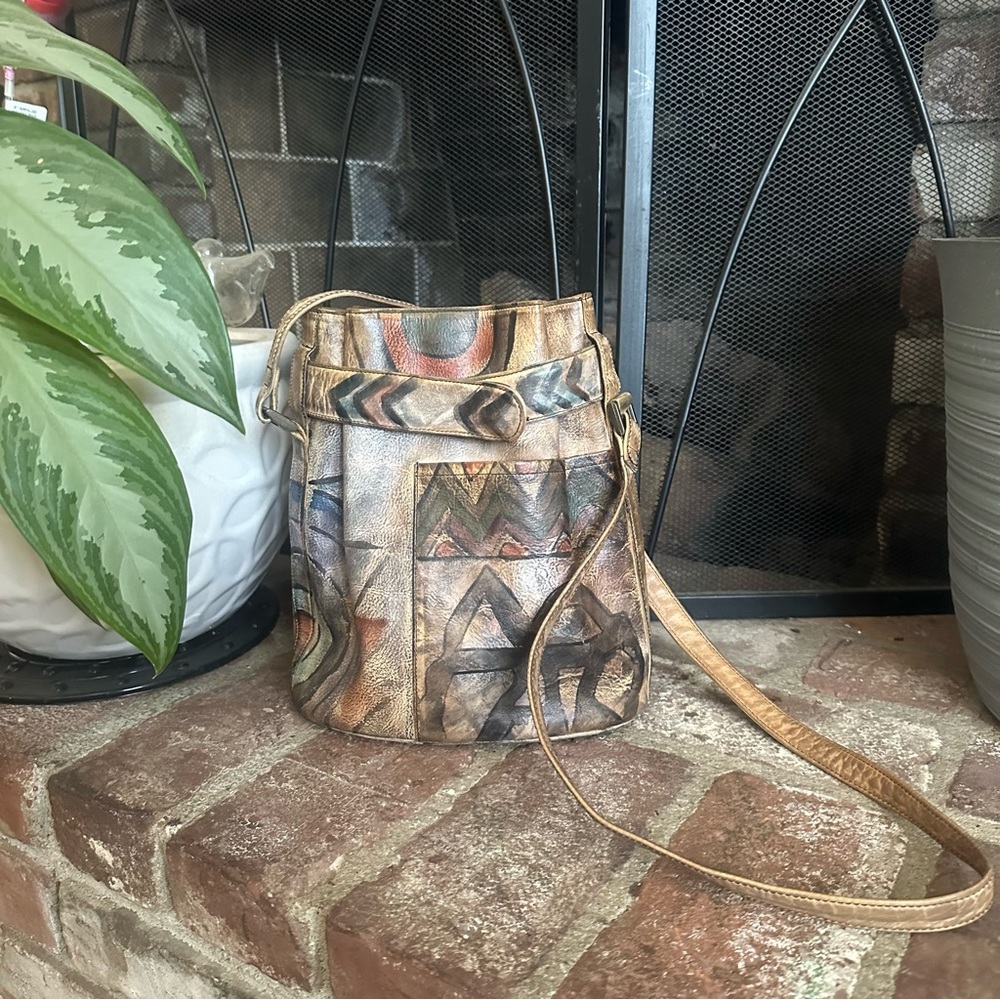 JANE YOO Vintage Wearable Art Hand Painted Leather Shoulder Bucket Purse
